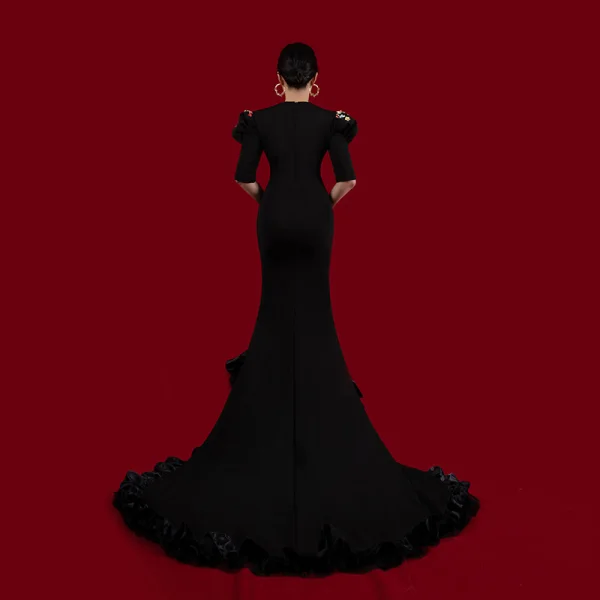 Haut de Gamme Noire Fait main Perle Brodé Robe De Soirée 2023 Trompette / Sirène V-Cou Manches Courtes Soirée Asymétrique Robe De Ceremonie