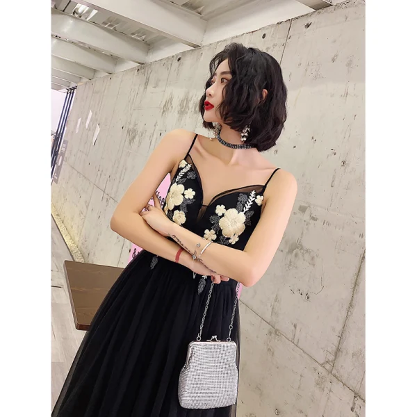 Chic / Beautiful Black Prom Dresses 2022 A-Line / Princess Spaghetti Straps Lace Flower Sleeveless Backless Floor-Length / Long Prom Formal Dresses
