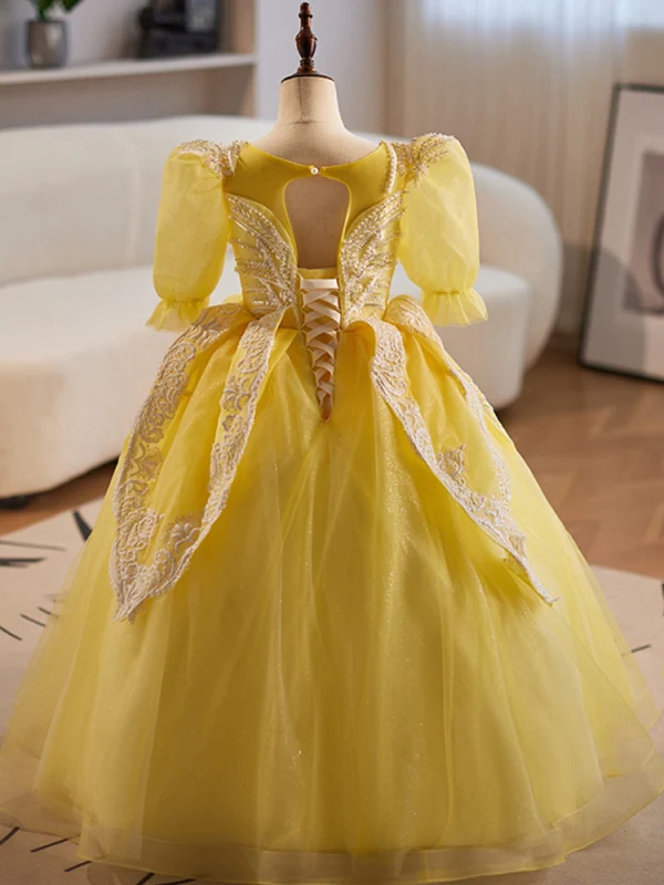 Vintage / Retro Yellow Beading Pearl Sequins Flower Girl Dresses 2024 Ball Gown Square Neckline Birthday 1/2 Sleeves Backless Floor-Length / Long
