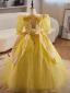 Vintage / Retro Yellow Beading Pearl Sequins Flower Girl Dresses 2024 Ball Gown Square Neckline Birthday 1/2 Sleeves Backless Floor-Length / Long