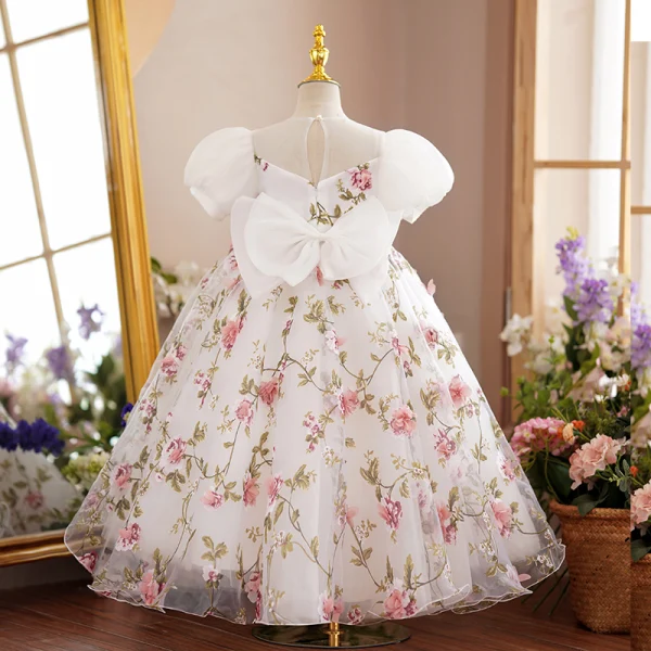 Chic / Beautiful White Birthday Floral Flower Girl Dresses 2022 A-Line / Princess Scoop Neck Puffy Short Sleeve Backless Bow Pearl Floor-Length / Long Flower Girl Dresses