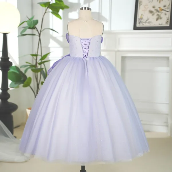 Chic / Beautiful Lavender Sequins Birthday Flower Girl Dresses 2025 Ball Gown Strapless Sleeveless Backless Floor-Length / Long Flower Girl Dresses