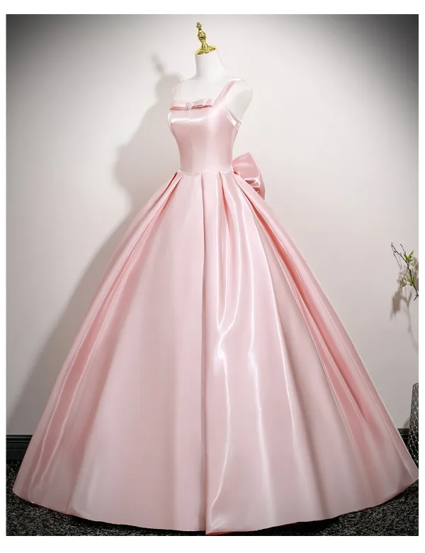 Schön Rosa Satin Ballkleider 2025 Ballkleid Eckiger Ausschnitt Ärmellos Rückenfreies Schleife Lange Festliche Kleider
