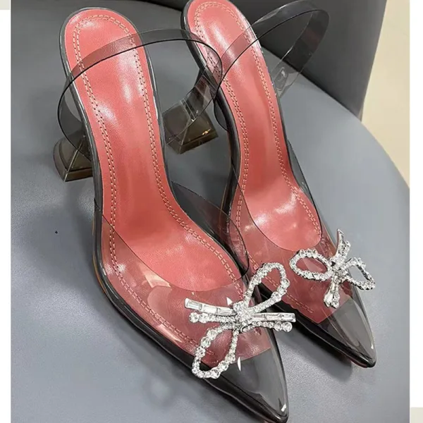 Transparent Sexy Summer Purple Evening Party Womens Sandals 2022 Rhinestone Bow 9 cm Stiletto Heels Pointed Toe High Heels