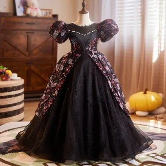 Vintage Originale Noire Perle Paillettes Anniversaire Robe Ceremonie Fille 2025 Robe Boule Encolure Dégagée Gonflée Manches Courtes Dos Nu Longue Tulle