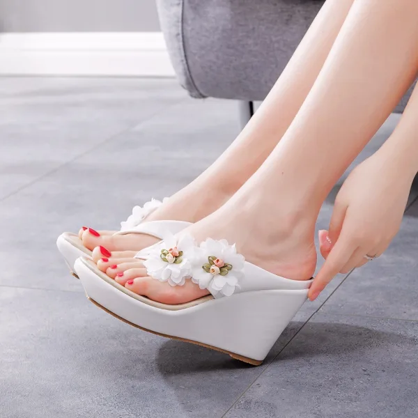 Fashion White Appliques Beach Outdoor / Garden Womens Sandals 2024 9 cm Wedges Open / Peep Toe Sandals