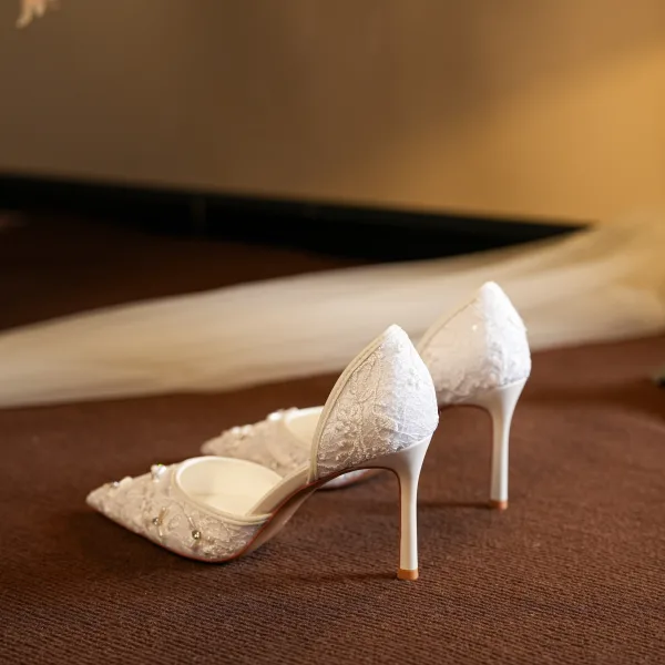 Elegant White Pearl Rhinestone Lace Flower Leather Wedding Shoes 2026 8 cm Stiletto Heels Pointed Toe Wedding High Heels