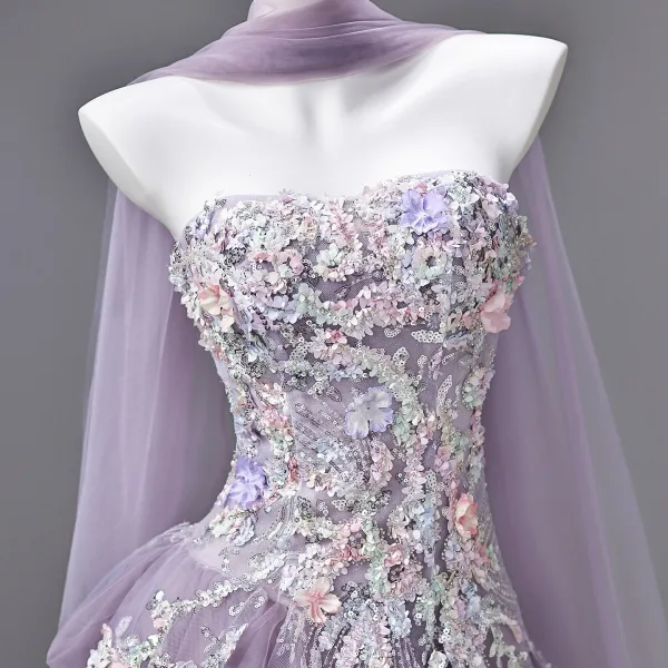 Flower Fairy Lavender Appliques Sequins Prom Dresses 2026 Ball Gown Strapless Sleeveless Backless Floor-Length / Long Formal Dresses