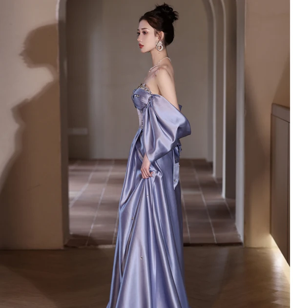 Illusion Lavender Sequins Rhinestone Satin Prom Dresses 2024 A-Line / Princess Off-The-Shoulder Short Sleeve Backless Bow Floor-Length / Long Prom Formal Dresses