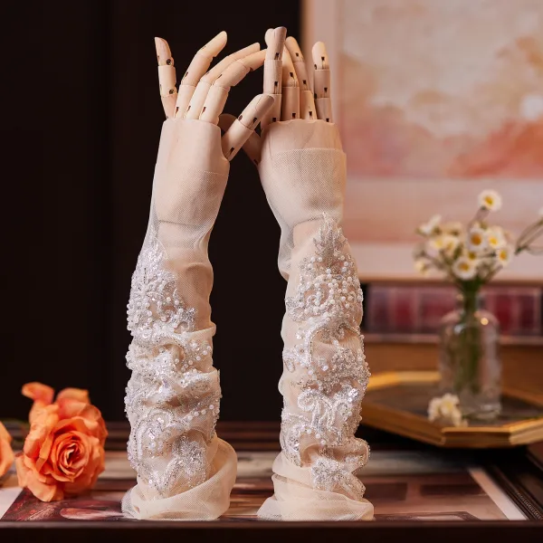 Elegant Hvit Beading Paljetter Blonder Blomst Bryllup Brudehansker 2026 Tyll