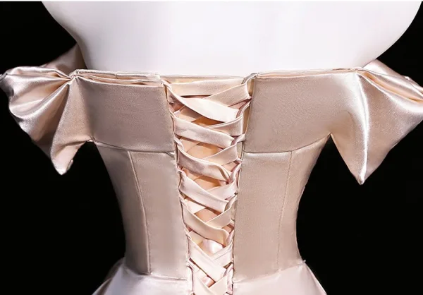 Tailliert Champagner Satin Abendkleider 2026 A Linie Off Shoulder Kurze Ärmel Rückenfreies Lange Festliche Kleider