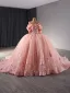 Flower Fairy Luxury / Gorgeous Blushing Pink Pearl Lace Flower Prom Dresses 2024 Ball Gown Off-The-Shoulder Short Sleeve Backless Chapel Train Prom Formal Dresses