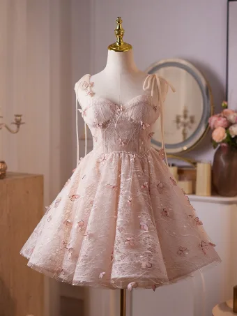 Lovely Blushing Pink Butterfly Pearl Lace Flower Short Birthday Party Dresses 2025 Ball Gown Spaghetti Straps Sleeveless Backless Formal Dresses