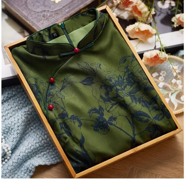 Vintage / Retro Chinese style Dark Green Summer Printing Cheongsam 2024 Trumpet / Mermaid High Neck Short Sleeve Tea-length