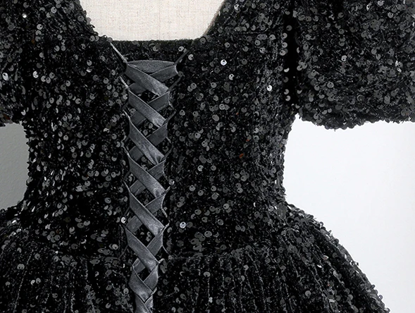 Glitzernden Schwarz Pailletten Ballkleider 2024 Ballkleid Eckiger Ausschnitt Kurze Ärmel Rückenfreies Lange Ball Festliche Kleider
