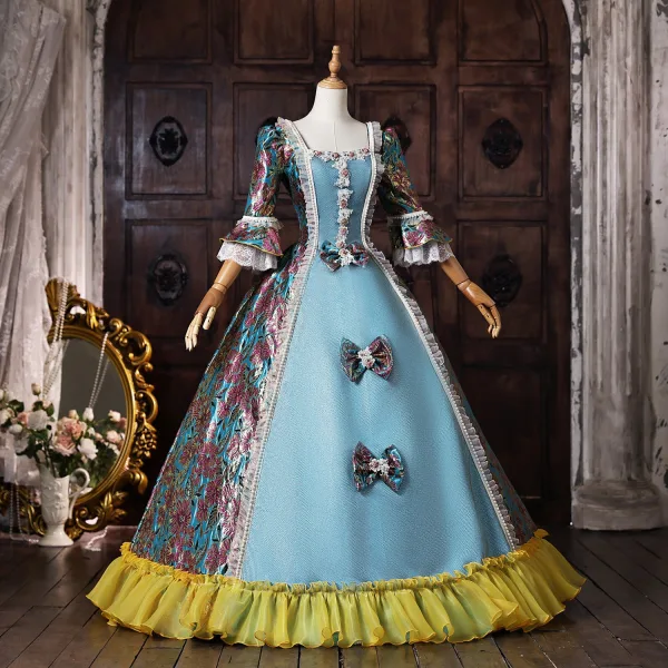 Vintage / Retro Medieval Sky Blue Bow Printing Prom Dresses 2026 Ball Gown Square Neckline Bell sleeves Backless Floor-Length / Long Formal Dresses