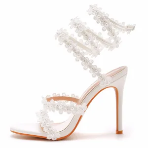 Sexy White Pearl Lace Flower Ankle Strap Summer Evening Party Womens Sandals 2023 10 Cm Stiletto Heels Open Peep Toe Sandals High Heels