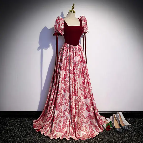 Chic / Beautiful Burgundy Printing Sequins Prom Dresses A-Line / Princess 2022 Square Neckline Puffy Short Sleeve Backless Sweep Train Prom Formal Dresses