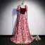 Chic / Beautiful Burgundy Printing Sequins Prom Dresses A-Line / Princess 2022 Square Neckline Puffy Short Sleeve Backless Sweep Train Prom Formal Dresses