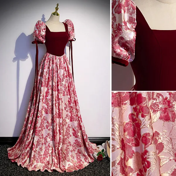 Chic / Beautiful Burgundy Printing Sequins Prom Dresses A-Line / Princess 2022 Square Neckline Puffy Short Sleeve Backless Sweep Train Prom Formal Dresses