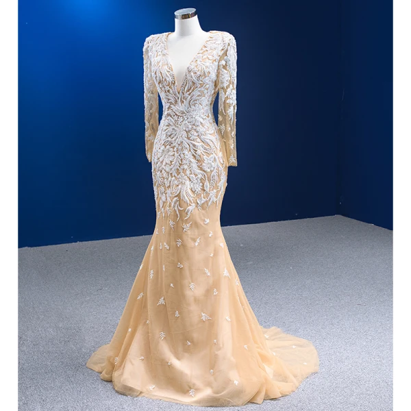 Luxury / Gorgeous Champagne Beading Sequins Lace Flower Evening Dresses 2023 Trumpet / Mermaid Deep V-Neck Long Sleeve Backless Court Train Evening Party Formal Dresses