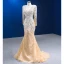 Luxury / Gorgeous Champagne Beading Sequins Lace Flower Evening Dresses 2023 Trumpet / Mermaid Deep V-Neck Long Sleeve Backless Court Train Evening Party Formal Dresses