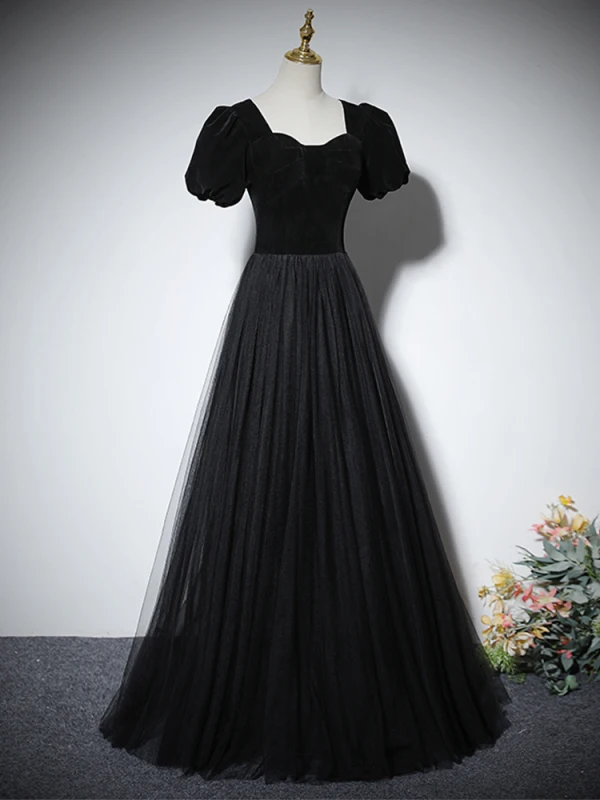 Audrey Hepburn Style Black Prom Dresses 2024 A-Line / Princess Square Neckline Puffy Short Sleeve Floor-Length / Long Prom Formal Dresses
