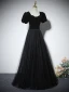 Audrey Hepburn Style Black Prom Dresses 2024 A-Line / Princess Square Neckline Puffy Short Sleeve Floor-Length / Long Prom Formal Dresses