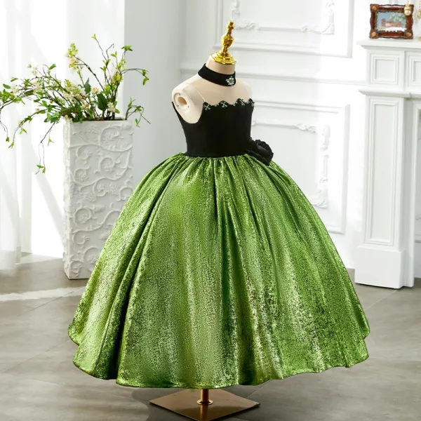 Élégant Vert Faux Diamant Glitter Anniversaire Robe Ceremonie Fille 2024 Robe Boule Col Haut Sans Manches Dos Nu Longue