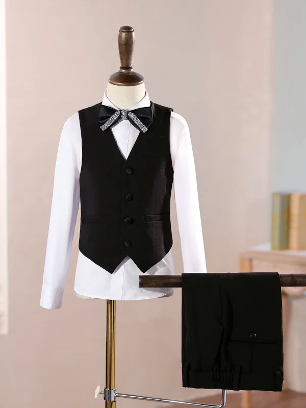 Black Sequins 5-piece Long Sleeve Boys Wedding Suits Boys Wedding Suits 2025 Coat Pants Shirt Tie Vest