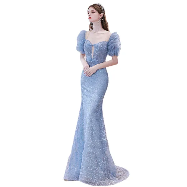 Charmant Bleu Ciel Perlage Robe De Bal 2022 Trompette / Sirène Encolure Carrée Volants Manches Courtes Noeud Longue Robe De Ceremonie