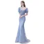 Charmant Bleu Ciel Perlage Robe De Bal 2022 Trompette / Sirène Encolure Carrée Volants Manches Courtes Noeud Longue Robe De Ceremonie