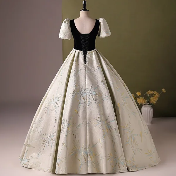 Elegant Sage Green Appliques Printing Prom Dresses 2024 Ball Gown Square Neckline Puffy Short Sleeve Backless Floor-Length / Long Prom Formal Dresses