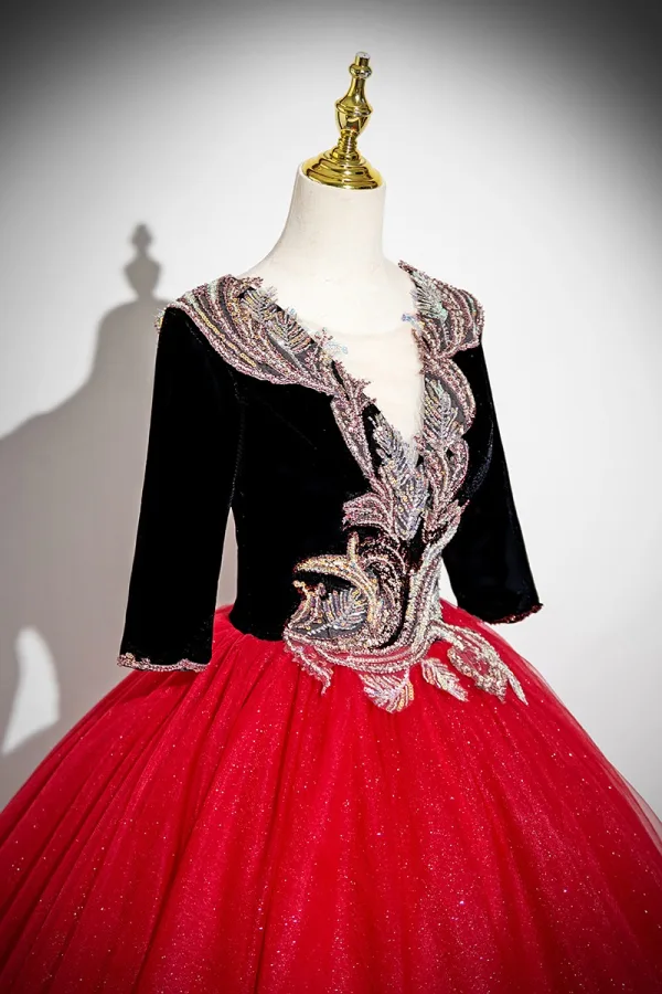 Vintage / Retro Burgundy Beading Sequins Prom Dresses 2025 Ball Gown V-Neck Short Sleeve Backless Floor-Length / Long Prom Formal Dresses