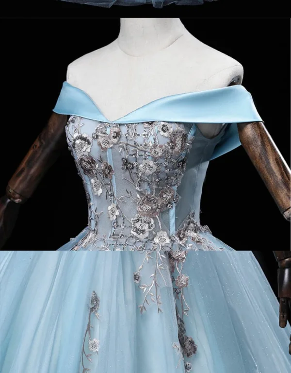 Elegant Sky Blue Sequins Lace Flower Prom Dresses 2022 Ball Gown Off-The-Shoulder Sleeveless Backless Floor-Length / Long Prom Formal Dresses
