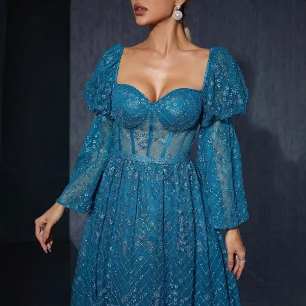 Vintage / Retro Pool Blue Lace Flower Prom Dresses 2025 Bell sleeves A-Line / Princess Square Neckline Backless Floor-Length / Long Prom Formal Dresses