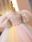 Chic / Beautiful Blushing Pink Birthday Appliques Flower Girl Dresses 2022 Ball Gown Scoop Neck Puffy Short Sleeve Pearl Sash Short Flower Girl Dresses