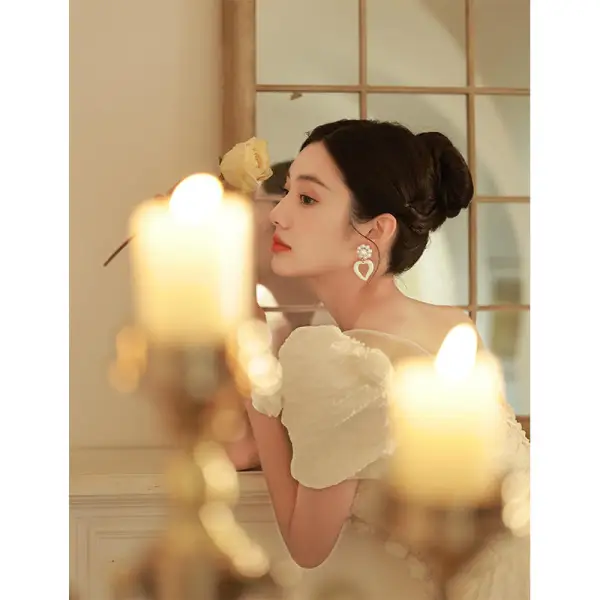 Elegant Ivory Pearl Appliques Prom Dresses 2022 A-Line / Princess Square Neckline Short Sleeve Backless Floor-Length / Long Prom Formal Dresses