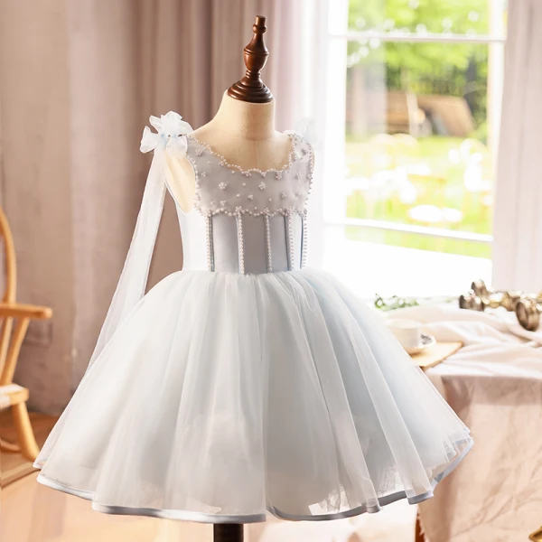 Modest / Simple Grey Birthday Pearl Short Flower Girl Dresses 2024 Ball Gown Scoop Neck Sleeveless Backless