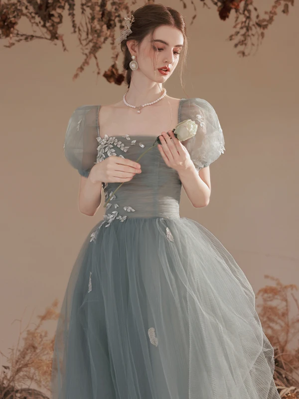 Chic / Beautiful Sage Green Sequins Prom Dresses 2023 A-Line / Princess Square Neckline Short Sleeve Backless Floor-Length / Long Prom Formal Dresses