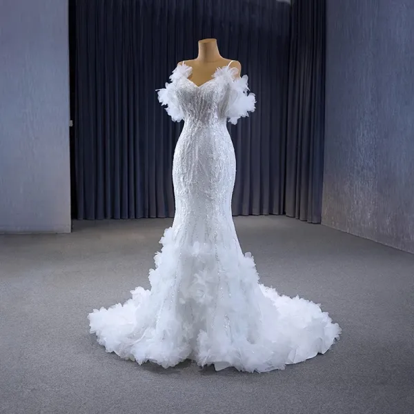 Haut de Gamme Sexy Blanche Volants en Cascade Paillettes En Dentelle Fleur Robe De Mariée 2023 Trompette / Sirène Bretelles Spaghetti Manches Courtes Dos Nu Mariage