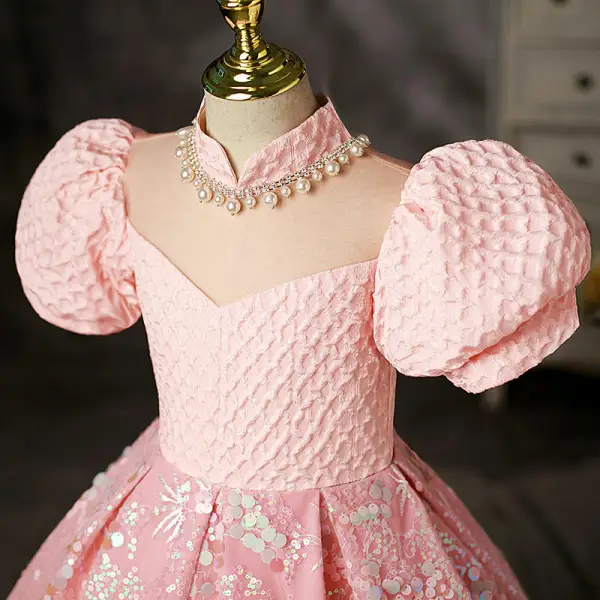 Charmant Rose Bonbon Anniversaire Perle Faux Diamant Paillettes Robe Ceremonie Fille 2022 Robe Boule Col Haut Gonflée Manches Courtes Longue Robe Ceremonie Fille
