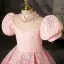 Charmant Rose Bonbon Anniversaire Perle Faux Diamant Paillettes Robe Ceremonie Fille 2022 Robe Boule Col Haut Gonflée Manches Courtes Longue Robe Ceremonie Fille
