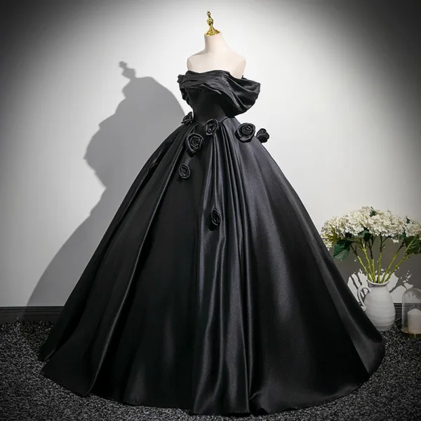 Elegant Black Appliques Satin Prom Dresses 2025 Ball Gown Off-The-Shoulder Short Sleeve Backless Floor-Length / Long Prom Formal Dresses