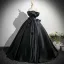 Elegant Black Appliques Satin Prom Dresses 2025 Ball Gown Off-The-Shoulder Short Sleeve Backless Floor-Length / Long Prom Formal Dresses
