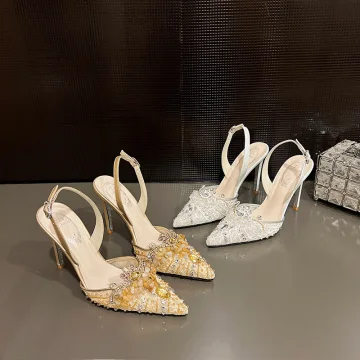 Charmant Beige En Dentelle Faux Diamant Soirée Sandales Femme 2024 Cuir 10 Cm Talons Aiguilles À Bout Pointu Talons Hauts