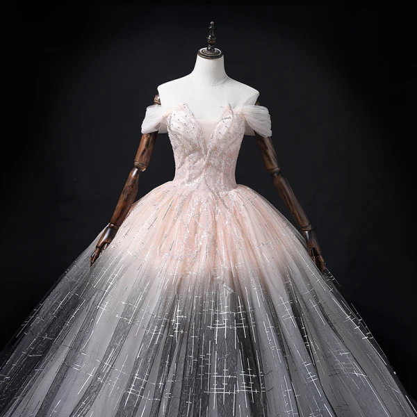 Charmant Dégradé De Couleur Rougissant Rose Robe De Bal 2022 Robe Boule De l'épaule Perlage Paillettes Sans Manches Dos Nu Longue Robe De Ceremonie