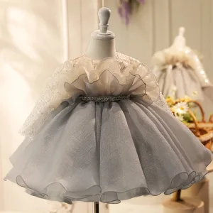 Chic Beautiful Grey Pearl Sequins Short Birthday Flower Girl Dresses 2024 Ball Gown Scoop Neck Long Sleeve Bow Flower Girl Dresses