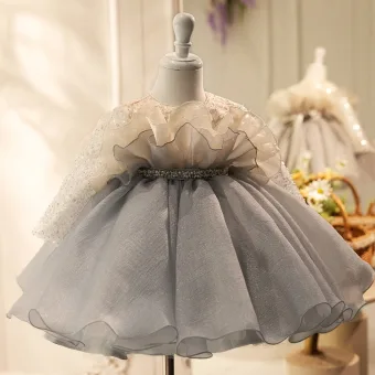 Chic Belle Gris Perle Paillettes Courte Anniversaire Robe Ceremonie Fille 2024 Robe Boule Encolure Dégagée Manches Longues Noeud Robe Ceremonie Fille