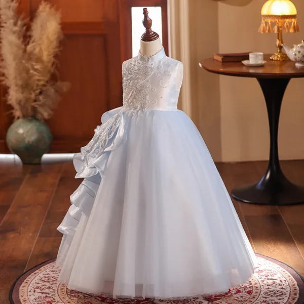 Chinese style Sky Blue Beading Pearl Sequins Birthday Flower Girl Dresses 2024 Ball Gown High Neck Sleeveless Floor-Length / Long Flower Girl Dresses